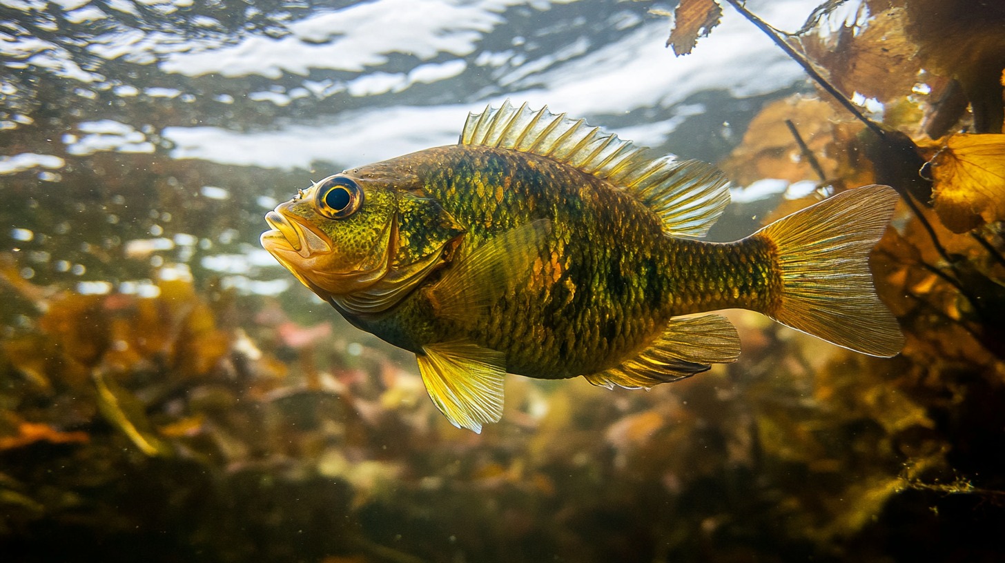 Bluegill fish swimming in the water with its fins extended, amidst aquatic vegetation