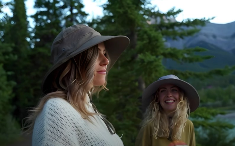 Two girls on fishing wearing hats