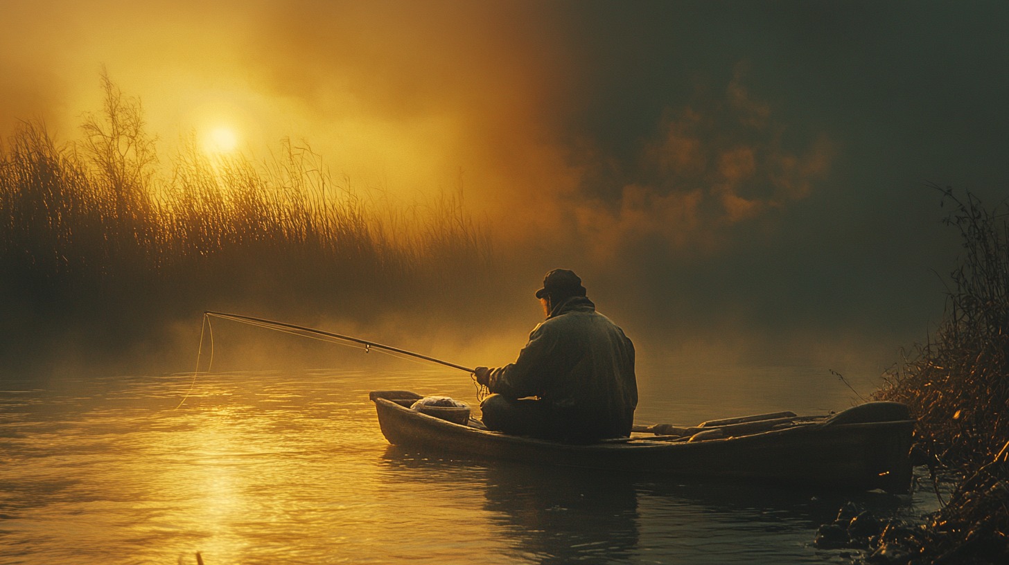 A lone fisherman in a small boat on a misty river at sunrise, surrounded by reeds