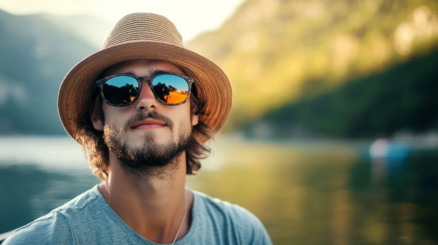 Man wearing a straw hat and polarized sunglasses with a serene lake and mountains in the background