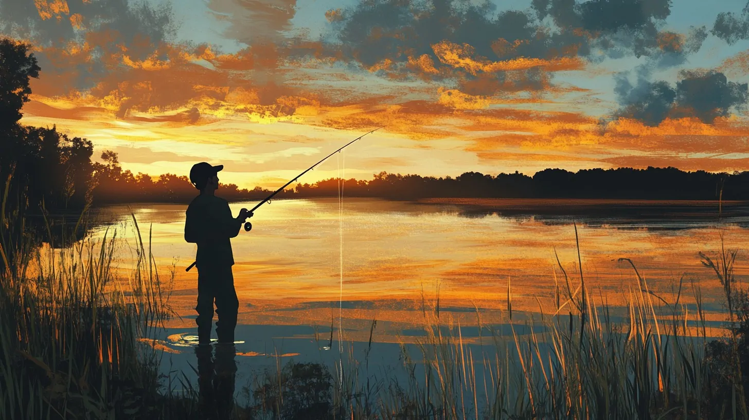 Silhouette of a person fishing at sunrise by a calm lake, surrounded by reeds and a glowing orange sky