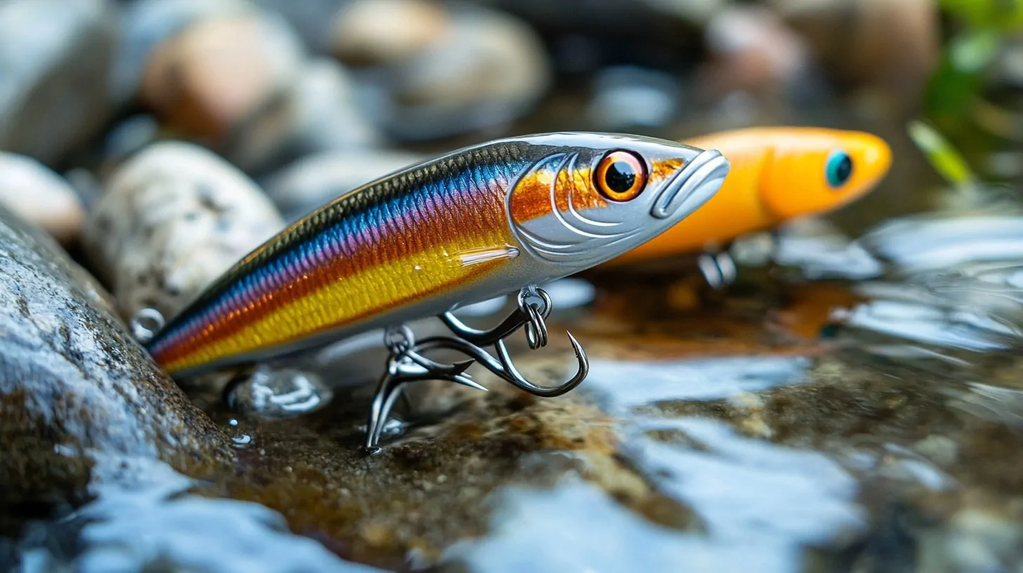 Close-up of two colorful fishing lures resting on wet rocks by the water