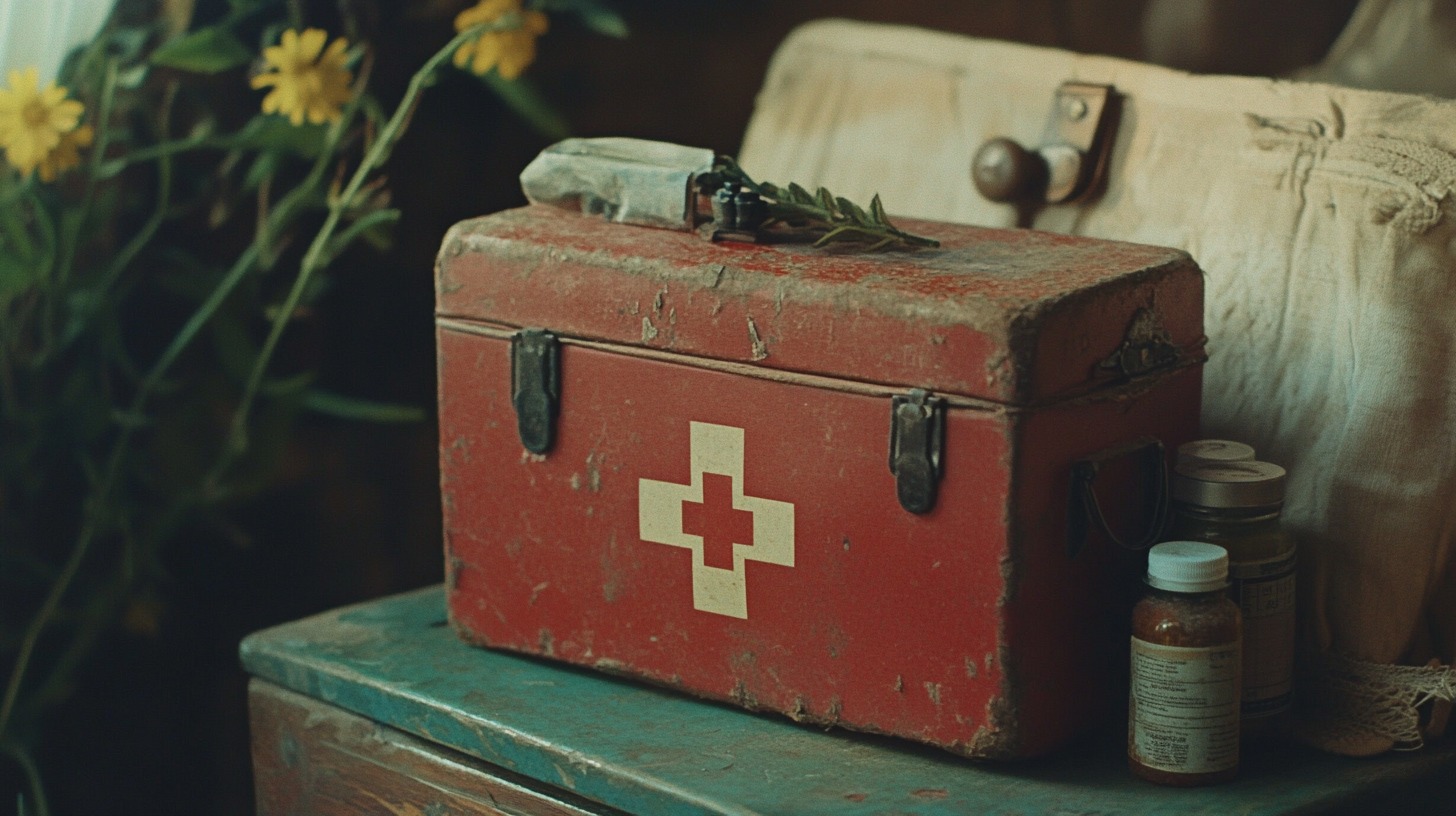 Vintage red first aid kit with a cross emblem, placed on a rustic surface alongside medicine bottles