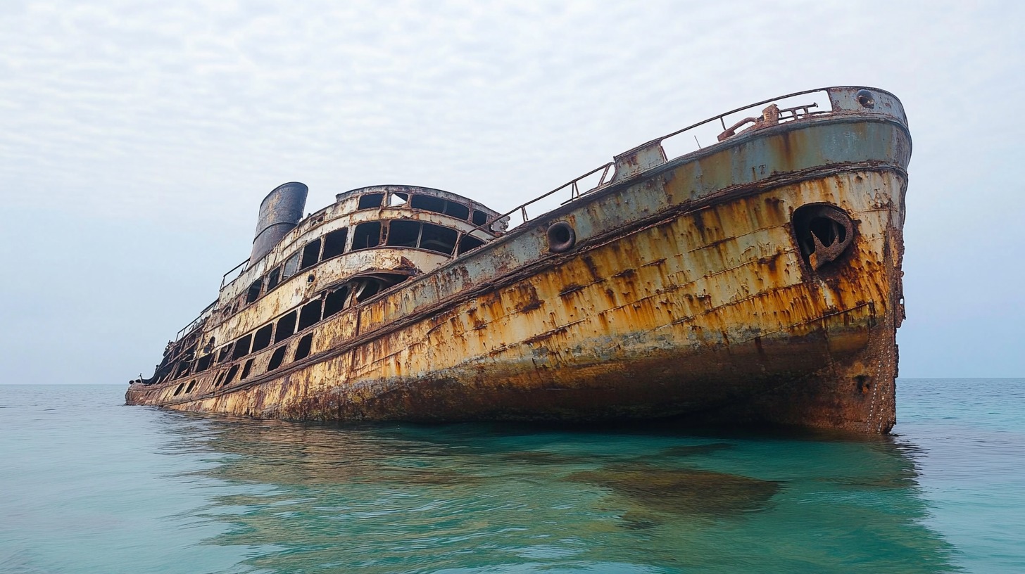 Close-up of a rusted, partially submerged shipwreck in Lake Michigan