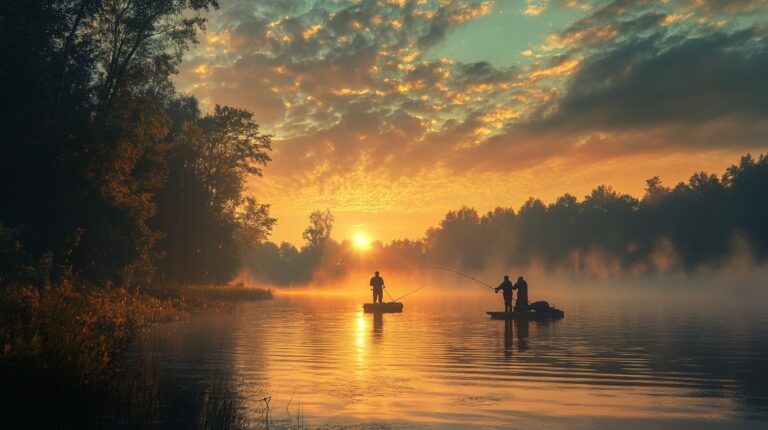 Two silhouetted fishermen casting their lines from boats on a misty lake at sunrise, surrounded by trees and golden reflections