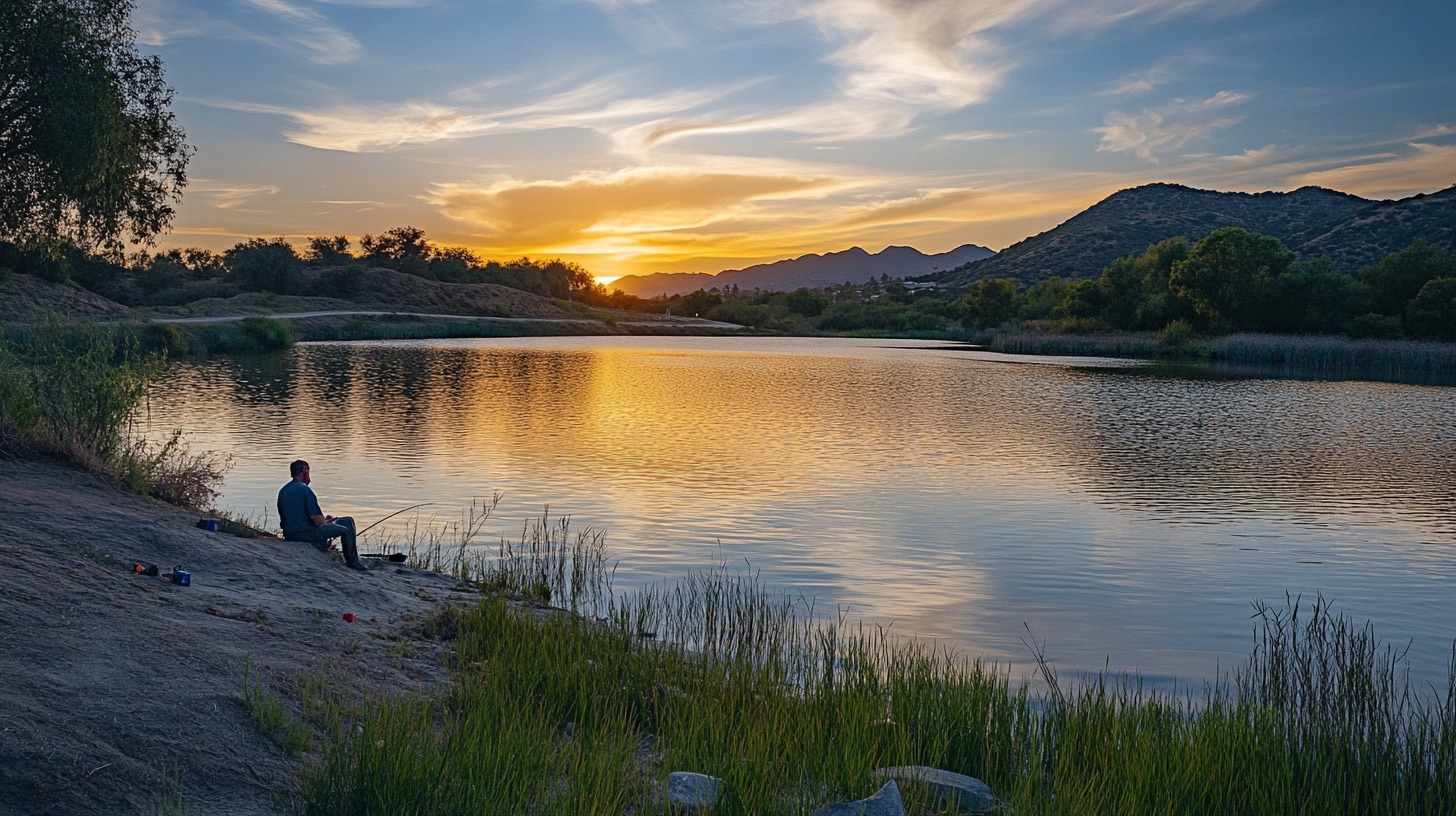 A fisherman sitting by the shore of Irvine Lake, casting his line as the sun sets, reflecting golden hues on the water