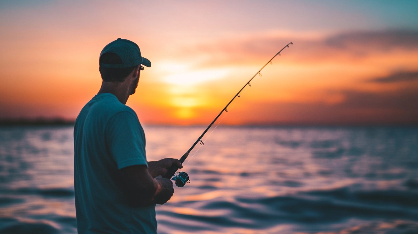 A man in a cap holding a fishing rod, casting his line into the water at sunset, with the ocean reflecting warm hues of orange and pink