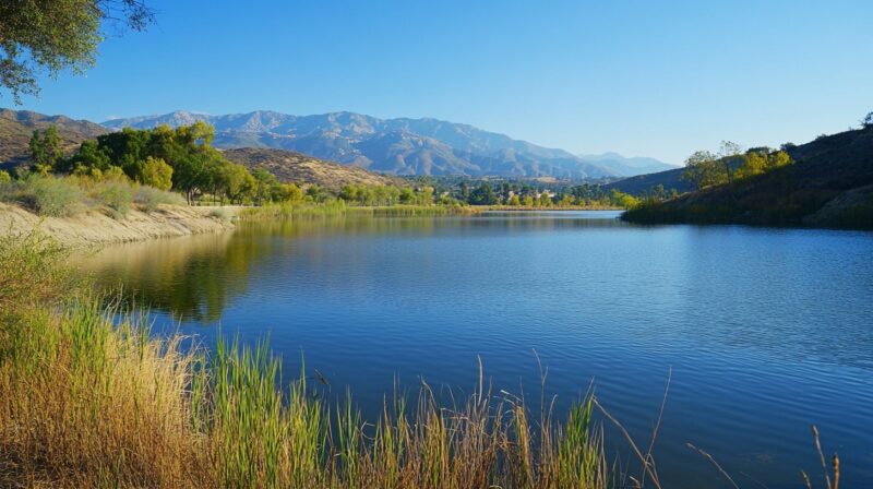 A scenic view of Irvine Lake with calm waters, lush greenery, and mountains in the background under a clear blue sky